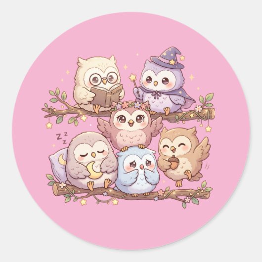 Cute Pastel Uil Vrienden Stickerblad Ronde Sticker (Voorkant)