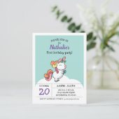 Cute pastel unicorn 1e verjaardagsuitnodiging briefkaart (Staand voorkant)
