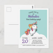 Cute pastel unicorn 1e verjaardagsuitnodiging briefkaart (Voorkant / Achterkant)