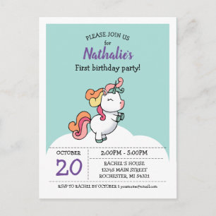 Cute pastel unicorn 1e verjaardagsuitnodiging briefkaart