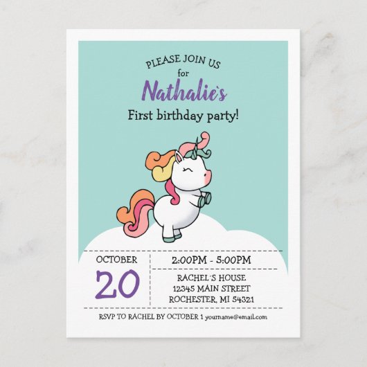 Cute pastel unicorn 1e verjaardagsuitnodiging briefkaart (Voorkant)