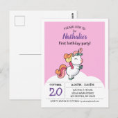 Cute pastel unicorn 1e verjaardagsuitnodiging briefkaart (Voorkant / Achterkant)
