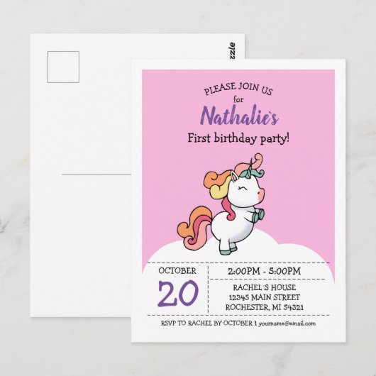 Cute pastel unicorn 1e verjaardagsuitnodiging briefkaart (Voorkant / Achterkant)