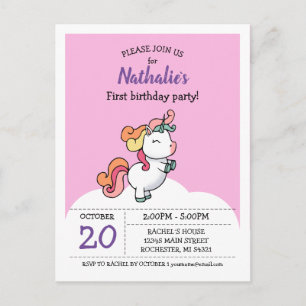Cute pastel unicorn 1e verjaardagsuitnodiging briefkaart