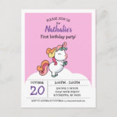 Cute pastel unicorn 1e verjaardagsuitnodiging briefkaart (Voorkant)