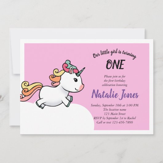 Cute pastel unicorn 1e verjaardagsuitnodiging kaart (Voorkant)
