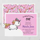Cute pastel unicorn 1e verjaardagsuitnodiging kaart (Voorkant / Achterkant)