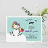 Cute pastel unicorn 1e verjaardagsuitnodiging kaart (Staand voorkant)