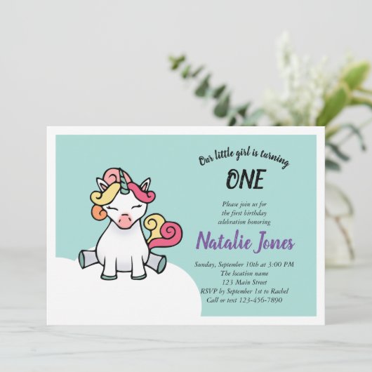 Cute pastel unicorn 1e verjaardagsuitnodiging kaart (Staand voorkant)