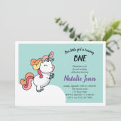Cute pastel unicorn 1e verjaardagsuitnodiging kaart (Staand voorkant)