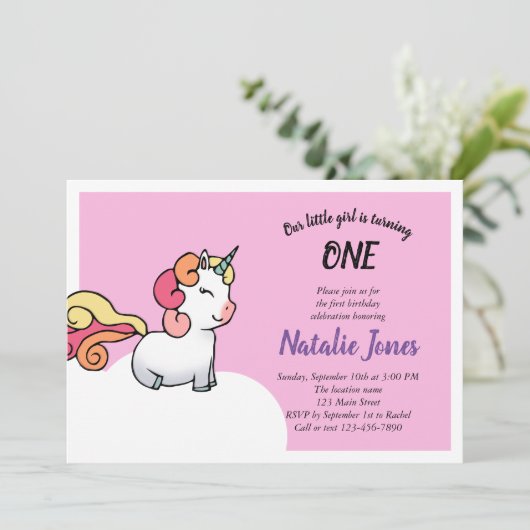 Cute pastel unicorn 1e verjaardagsuitnodiging kaart (Staand voorkant)