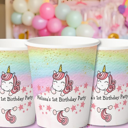 Cute Pastel Unicorn & Rainbow Birthday Party Papieren Bekers