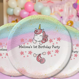 Cute Pastel Unicorn & Rainbow Birthday Party Papieren Bordje