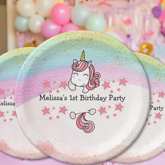 Cute Pastel Unicorn & Rainbow Birthday Party Papieren Bordje