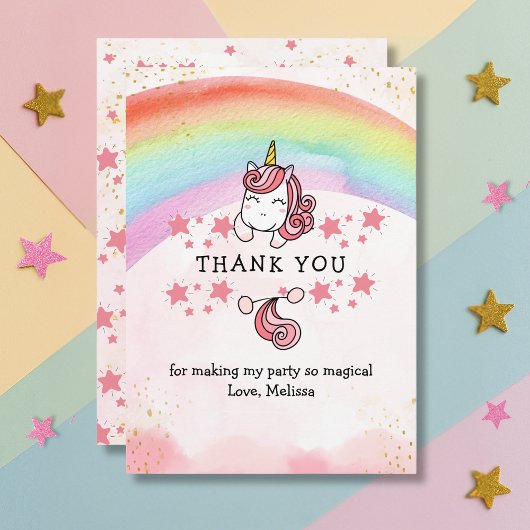 Cute Pastel Unicorn & Rainbow Birthday Thank You   Bedankkaart