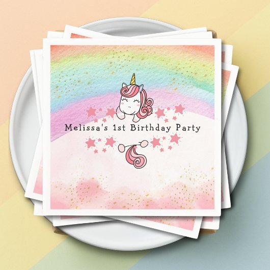 Cute Pastel Unicorn & Rainbow First Birthday Servet