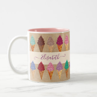 Cute Pastel Waterverf Ice Cream Funny Custom Name Tweekleurige Koffiemok