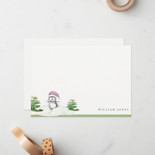 Cute Pastel Winter Pinguïn Kinderen Verjaardag voo Notitiekaartje (Voorkant / Achterkant in situ)