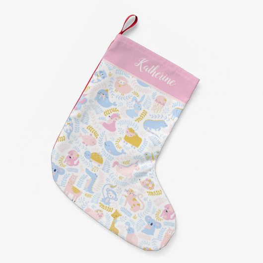 Cute Pastel Zoo Animal Pattern Baby Girl Roze Kleine Kerstsok (Voorkant (Hangend))