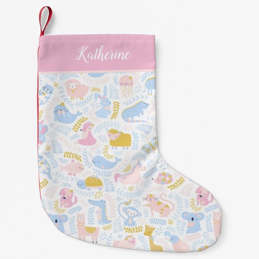 Cute Pastel Zoo Animal Pattern Baby Girl Roze Kleine Kerstsok (Voorkant)