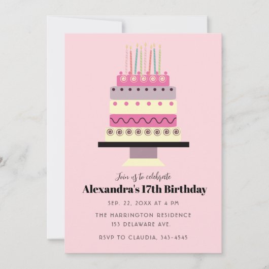 Cute Pastelkleurige Verjaardagstaart Retro Meisjes Kaart (Voorkant)