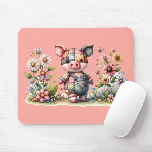 Cute Patchwork Biggetje in Bloementuin Muismat (Met muis)