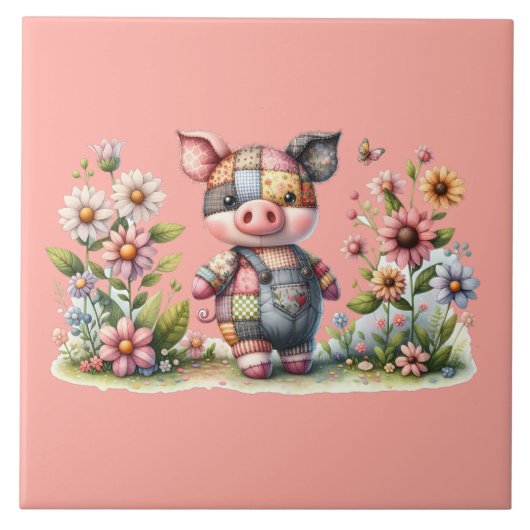 Cute Patchwork Biggetje in Bloementuin Tegeltje (Voorkant)