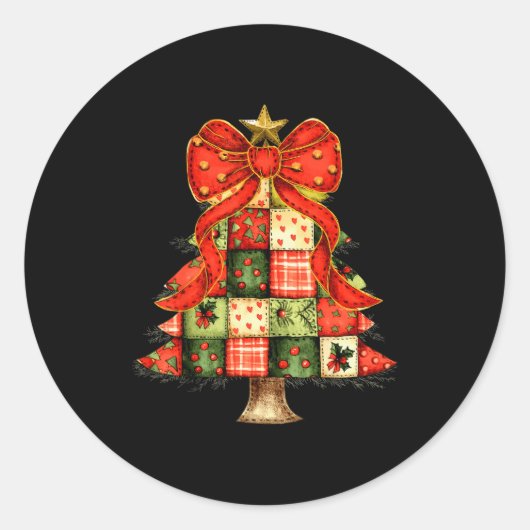 Cute Patchwork Christmas Tree Merry Xmas Men Women Ronde Sticker (Voorkant)