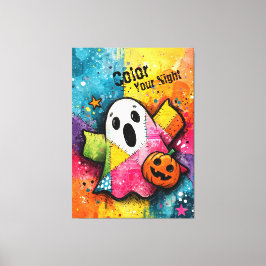 Cute Patchwork Ghost Colorful Splatter Art Canvas Afdruk