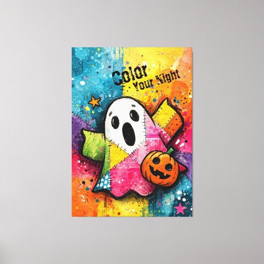 Cute Patchwork Ghost Colorful Splatter Art Canvas Afdruk (Voorkant)
