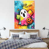 Cute Patchwork Ghost Colorful Splatter Art Canvas Afdruk (Insitu (Slaapkamer))