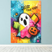 Cute Patchwork Ghost Colorful Splatter Art Canvas Afdruk (Insitu (Houten vloer))