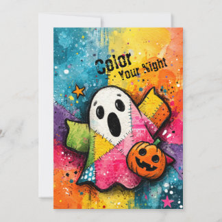 Cute Patchwork Ghost Colorful Splatter Art Kaart