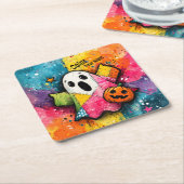 Cute Patchwork Ghost Colorful Splatter Art Kartonnen Onderzetters (Schuin)
