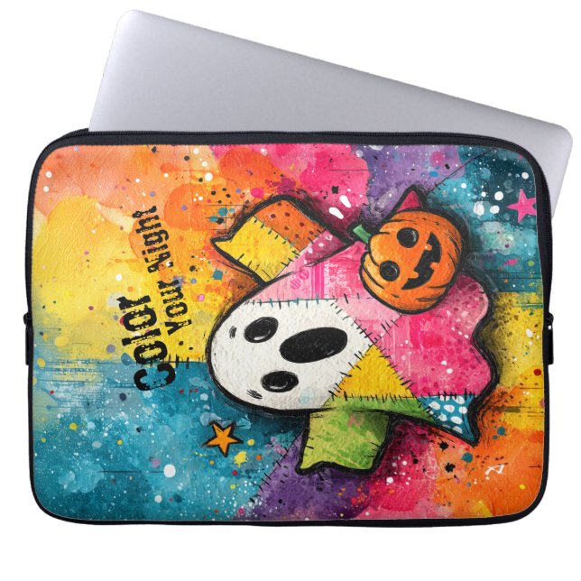 Cute Patchwork Ghost Colorful Splatter Art Laptop Sleeve (Voorkant)