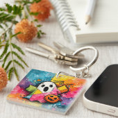 Cute Patchwork Ghost Colorful Splatter Art Sleutelhanger (Voorkant Rechts)