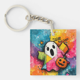 Cute Patchwork Ghost Colorful Splatter Art Sleutelhanger