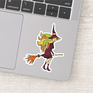 Cute Patchwork Halloween Witch in Broom Sticker