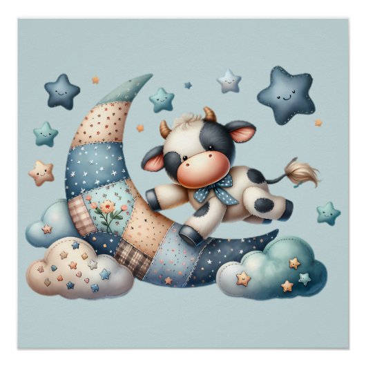 Cute Patchwork Koe over Maan met Sterren Perfect Poster (Voorkant)