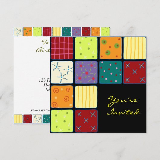 Cute Patchwork Pattern Birthday Invitation Card Kaart (Voorkant / Achterkant)