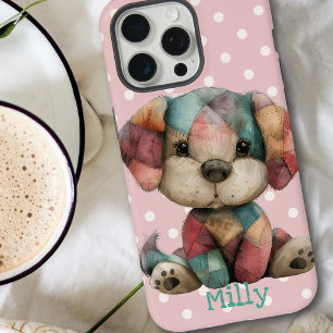 Cute Patchwork Puppy Gepersonaliseerde Roze Stip iPhone 15 Pro Max Case
