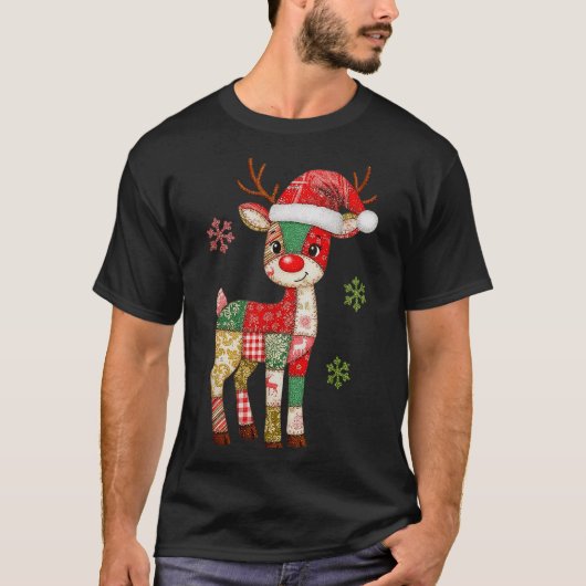 Cute Patchwork Reindeer Christmas Xmas Men Women K T-shirt (Voorkant)