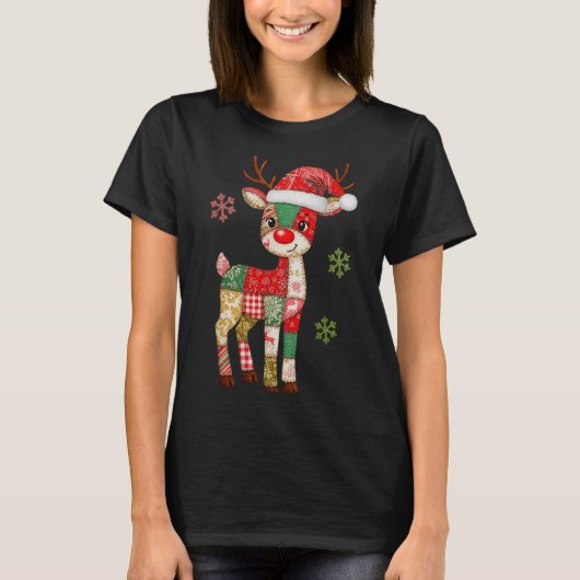 Cute Patchwork Reindeer Christmas Xmas Men Women K T-shirt (Voorkant)