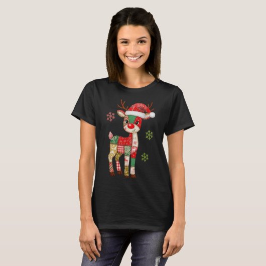 Cute Patchwork Reindeer Christmas Xmas Men Women K T-shirt (Voorkant volledig)