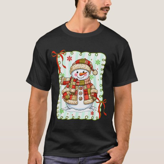 Cute Patchwork Snowman Bow Christmas Xmas Men Wome T-shirt (Voorkant)