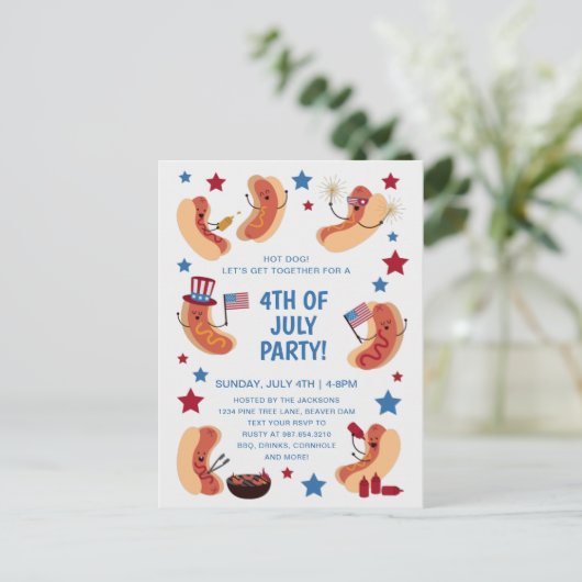 Cute Patriotic Hot Dog 4 juli uitnodiging (Staand voorkant)