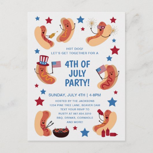 Cute Patriotic Hot Dog 4 juli uitnodiging (Voorkant)