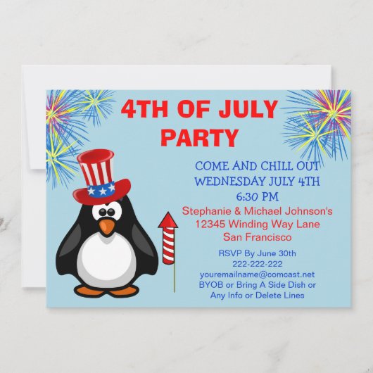 Cute Patriotic Penguin Fireworks 4th of Juli Party Kaart (Voorkant)
