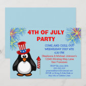 Cute Patriotic Penguin Fireworks 4th of Juli Party Kaart (Voorkant / Achterkant)