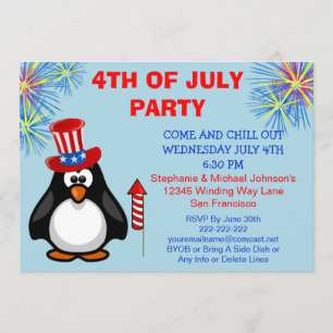 Cute Patriotic Penguin Fireworks 4th of Juli Party Kaart
